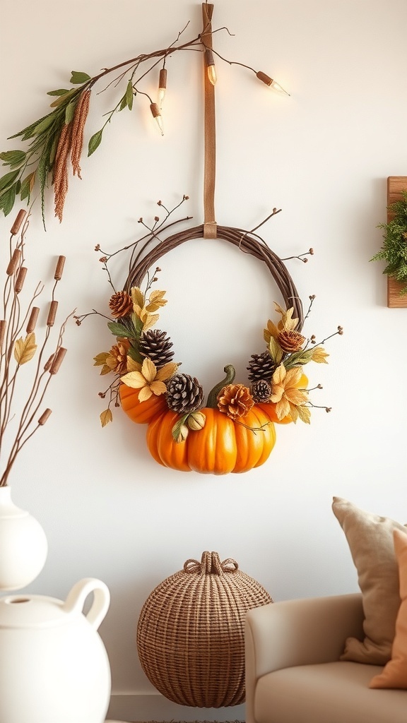 A beautiful pumpkin wreath made with natural elements like pumpkins, pinecones, and autumn leaves, hanging on a wall.