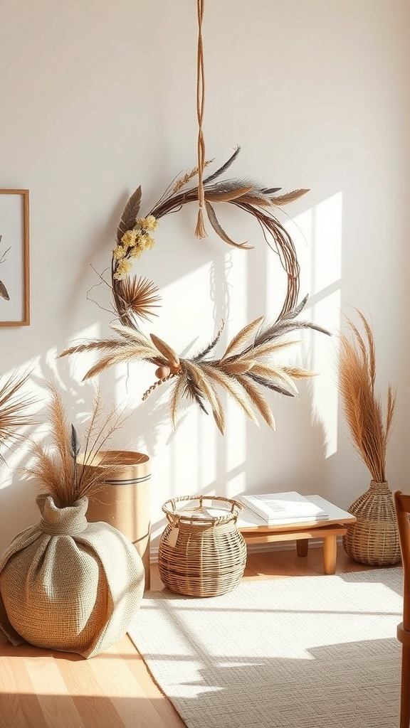 A winter wreath made of dried grasses and flowers, hanging in a sunlit room with natural decor.