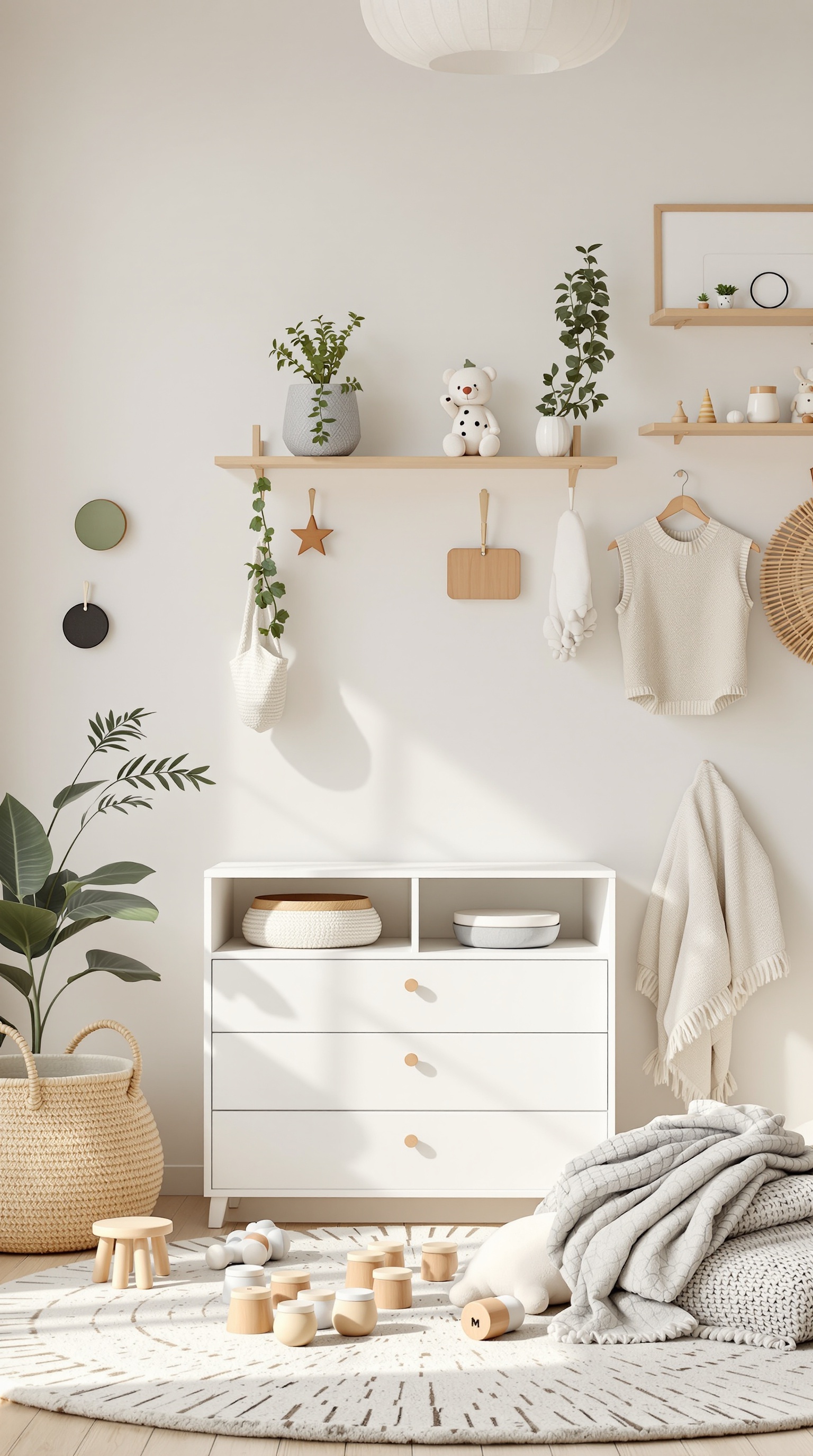 A modern baby room featuring natural elements like plants, soft textures, and neutral colors.