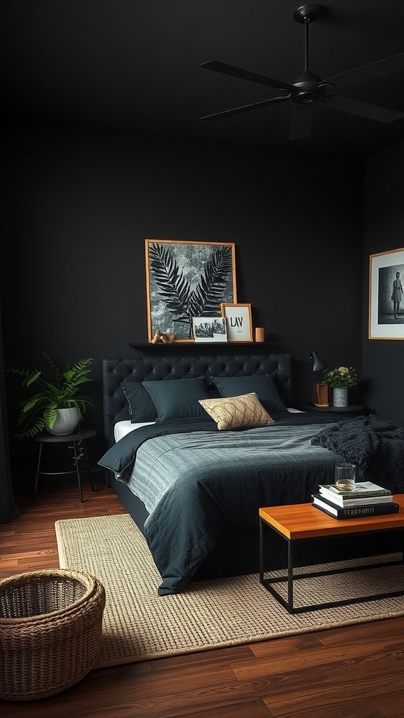 A stylish black bedroom featuring dark walls, a cozy bed, wooden flooring, and natural elements like plants and a woven rug.