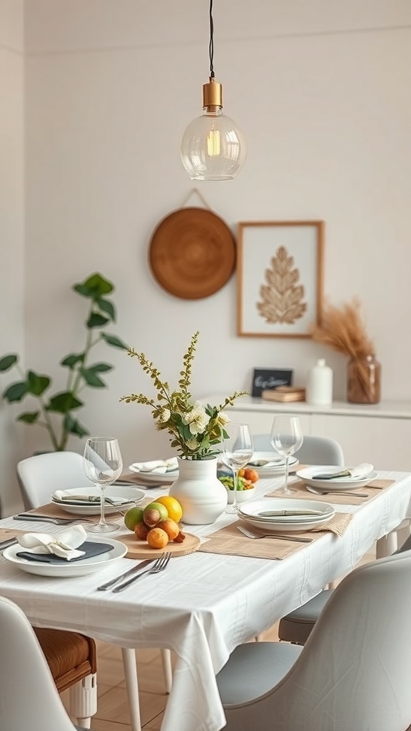 A dining table decorated with fruits, nuts, and flowers for Christmas