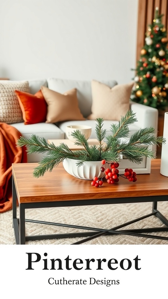 Coffee table decorated with pine branches and red berries in a white bowl, surrounded by cozy pillows and a Christmas tree in the background.