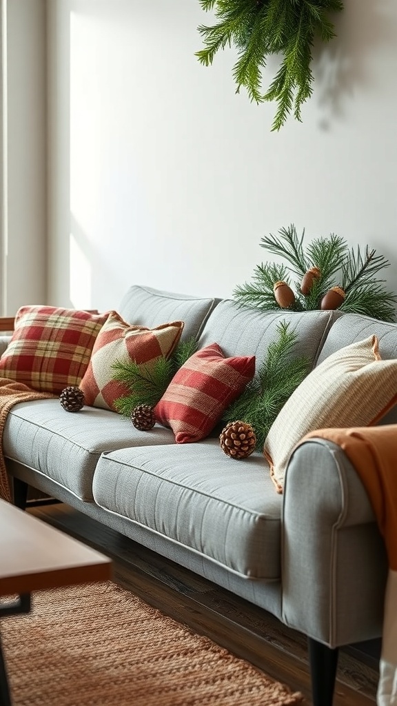 A cozy couch decorated with pillows and pinecones for Christmas.