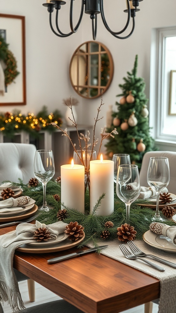 A winter tablescape featuring pinecones, candles, and greenery.