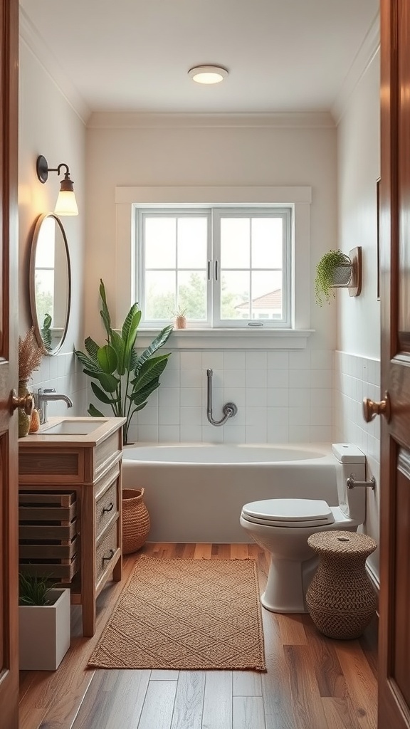 A cozy half bathroom featuring a wooden vanity, plants, and warm lighting.