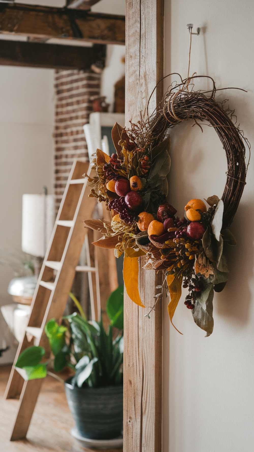 A natural elements wreath made of dried fruits and leaves, hanging on a wall.