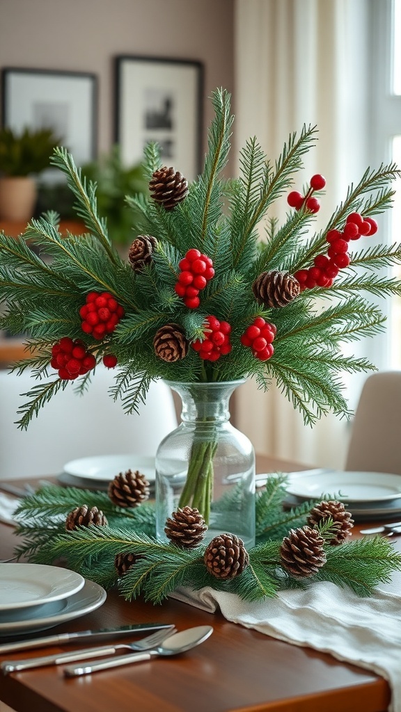 A beautiful winter centerpiece featuring evergreen branches, red berries, and pinecones in a glass vase.