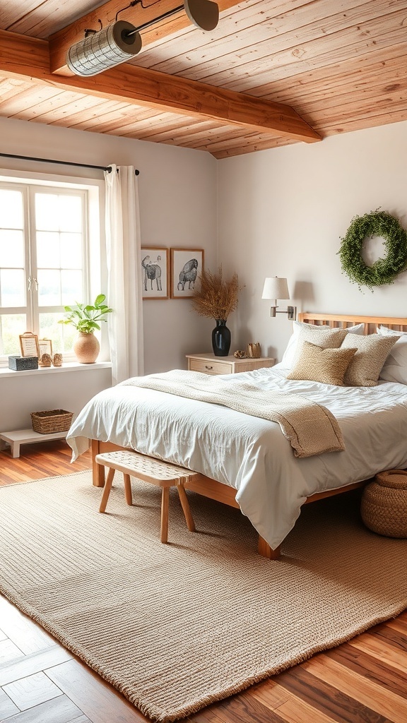A cozy farmhouse bedroom featuring a natural fiber rug, wooden furniture, and warm lighting.