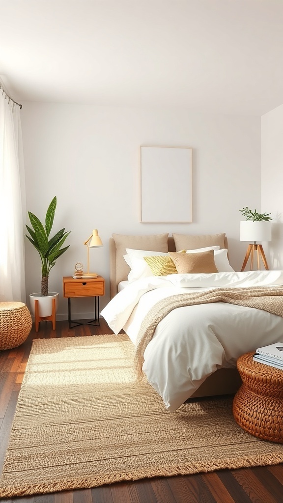 A cozy neutral bedroom featuring a natural fiber rug, soft bedding, and plants.
