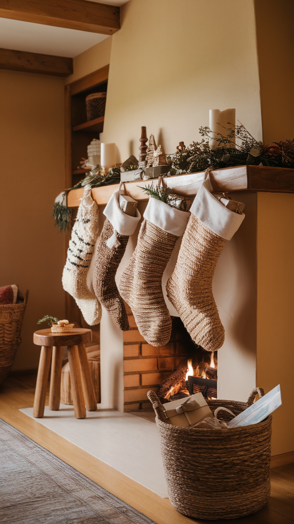 Natural fiber stockings hanging by a fireplace, decorated for Christmas.