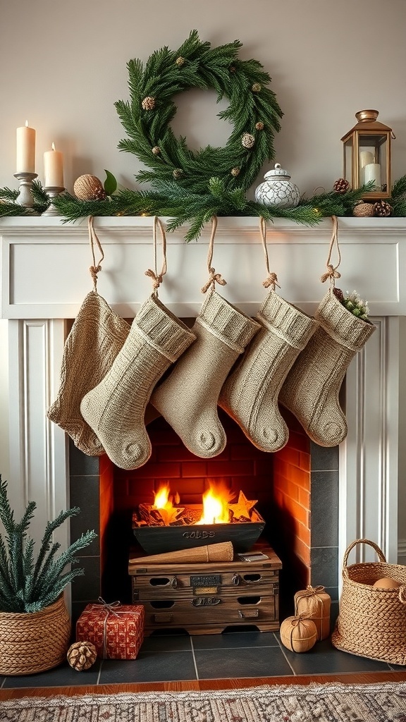 A cozy fireplace decorated with natural fiber stockings, a green wreath, and candles.