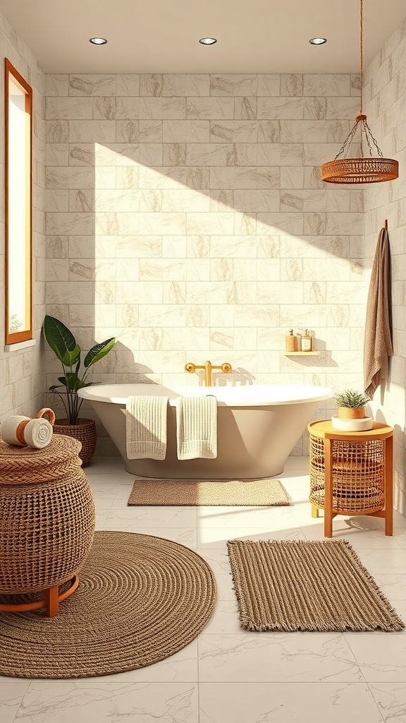 A rustic bathroom featuring natural fiber textiles, including woven rugs and baskets, with a bathtub and plants.