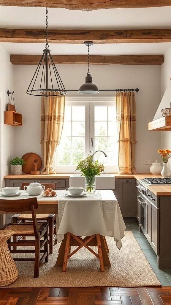 A rustic farmhouse kitchen featuring natural fiber textiles, including curtains and a tablecloth, with wooden furniture and a vase of flowers.
