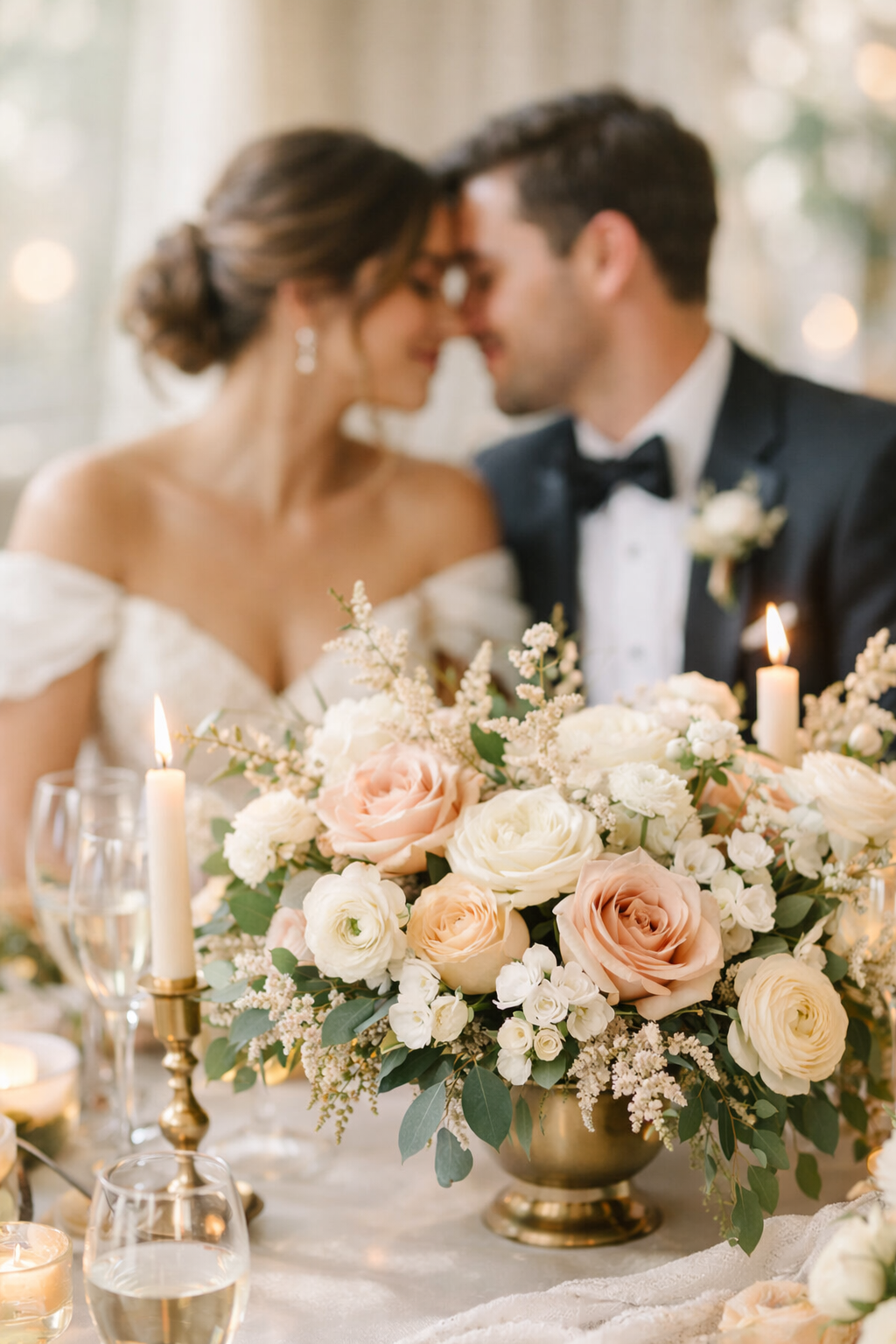 A beautiful wedding table centerpiece featuring pastel roses and greenery, with the bride and groom in soft focus, creating an intimate atmosphere.