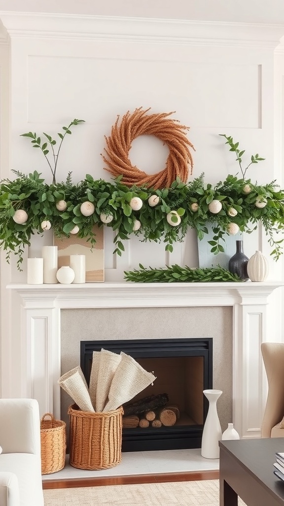 A cozy fireplace mantel decorated with a lush greenery garland and a natural wreath.