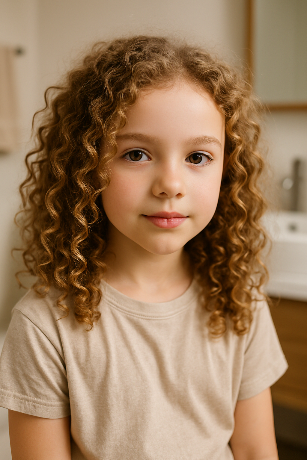 A young girl with curly hair looking at the camera, showcasing her natural hairstyle.