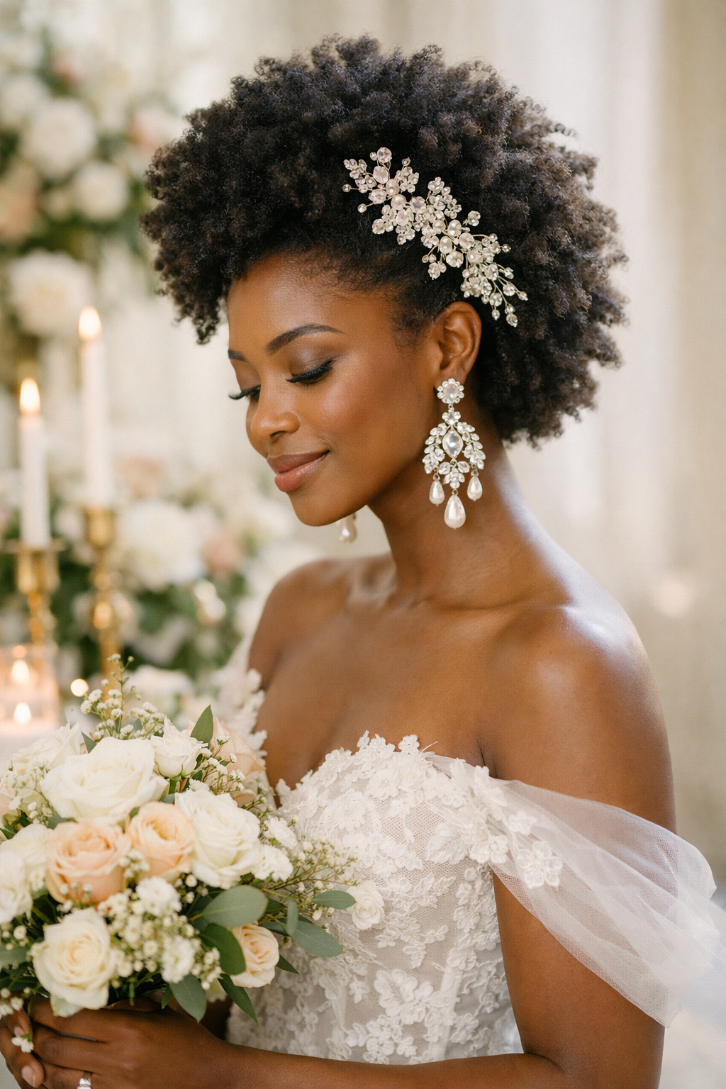 A black woman with natural hair styled in an afro, adorned with floral accessories, wearing elegant earrings and holding a bouquet.