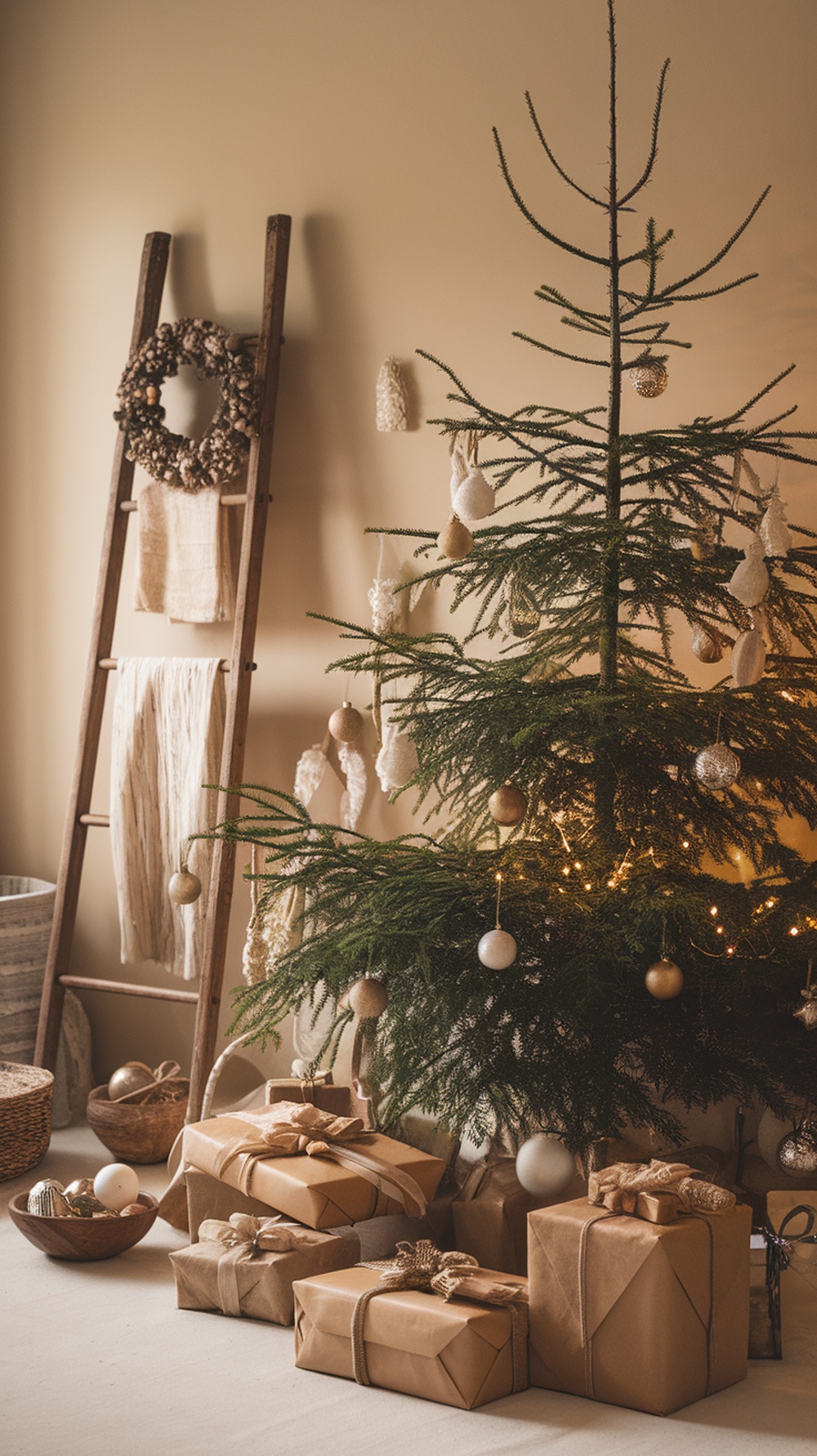 A cozy Christmas scene featuring a decorated tree and gifts wrapped in brown paper with jute ribbons.