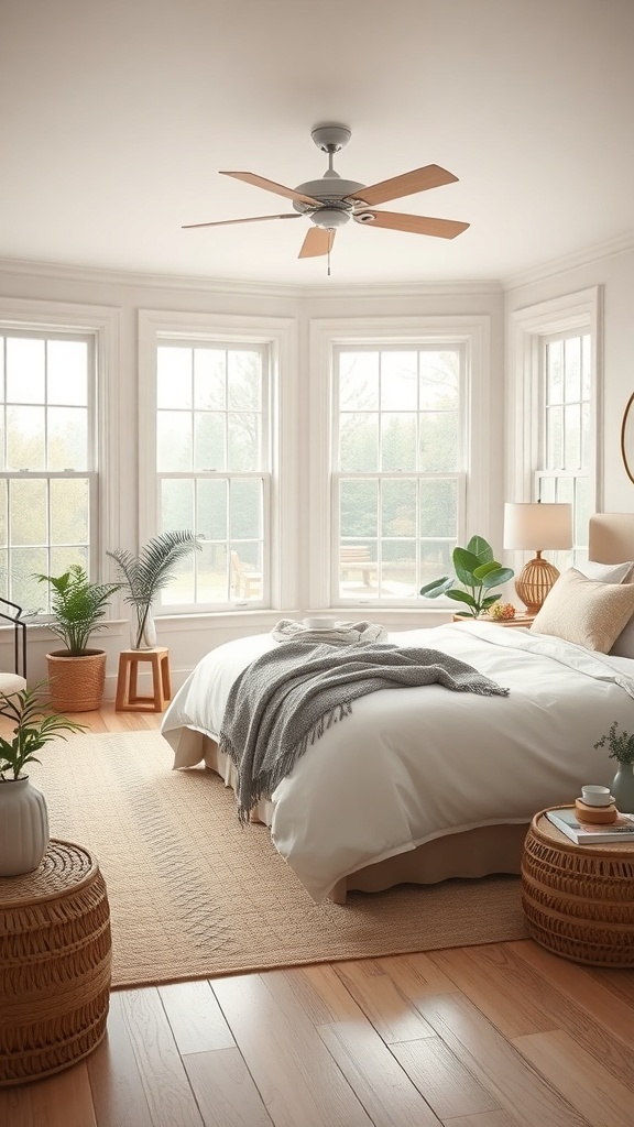 A bright and airy boho farmhouse bedroom with large windows, plants, and soft bedding.