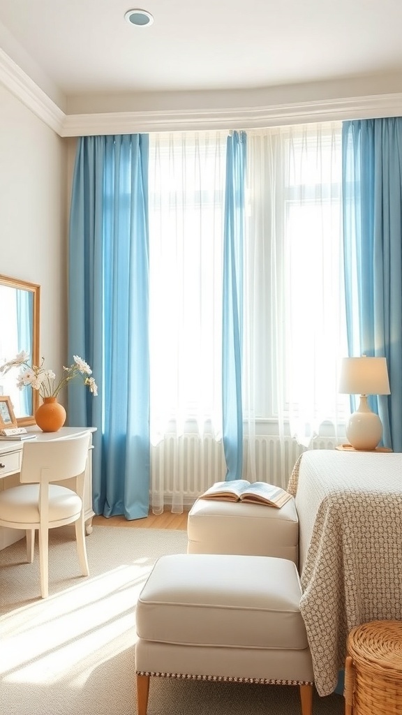A bright bedroom with blue curtains and natural light streaming through the windows.