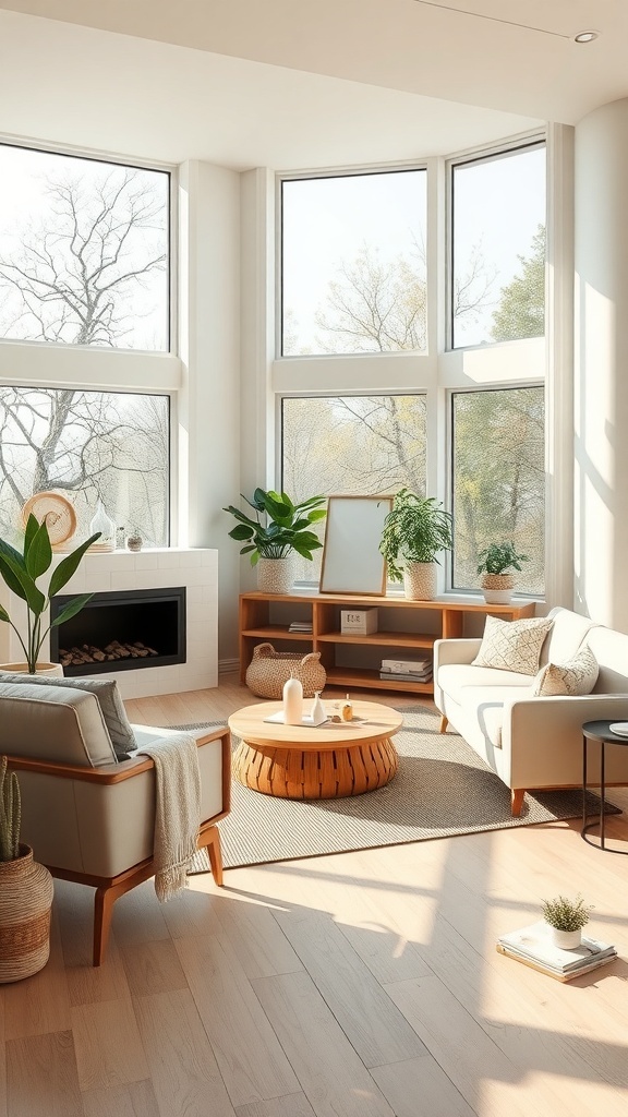 A bright Scandinavian living room with large windows, light wood flooring, and cozy furniture.