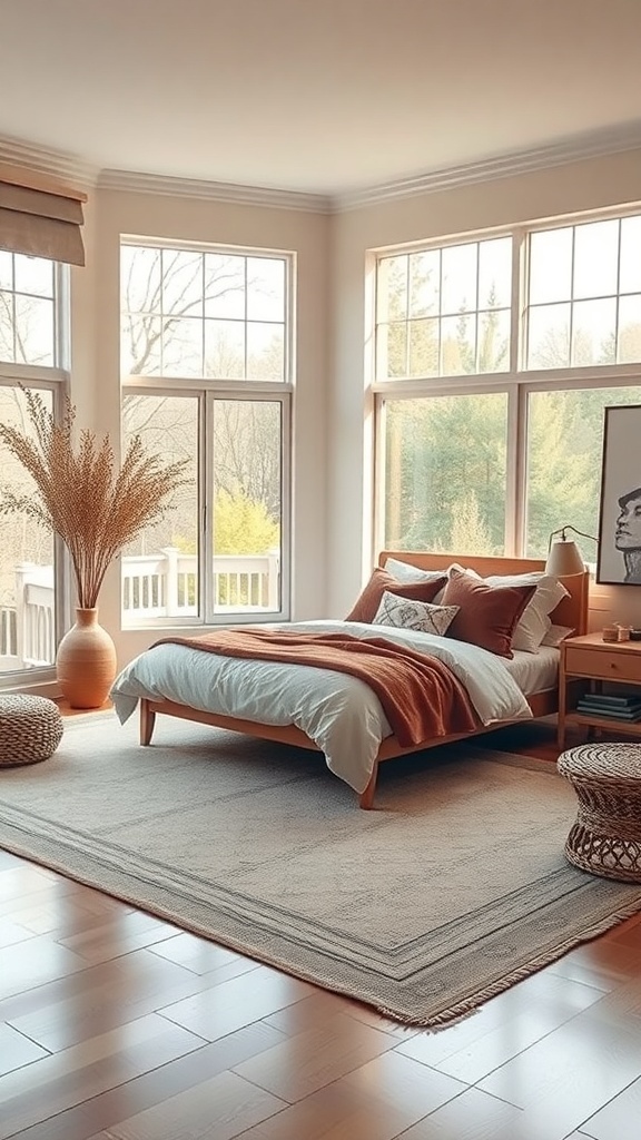 A warm and inviting bedroom with large windows letting in natural light, featuring a cozy bed and plants.