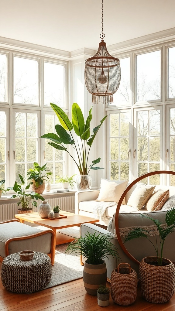 Cozy boho living room with large windows, plants, and natural light