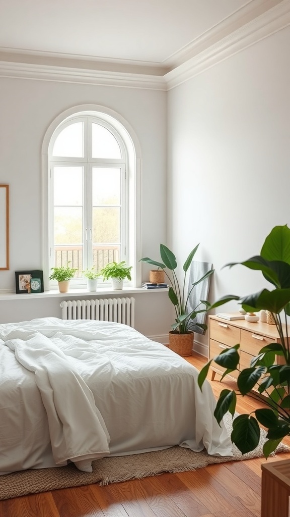 A bright bedroom with a large window, white bedding, and potted plants.