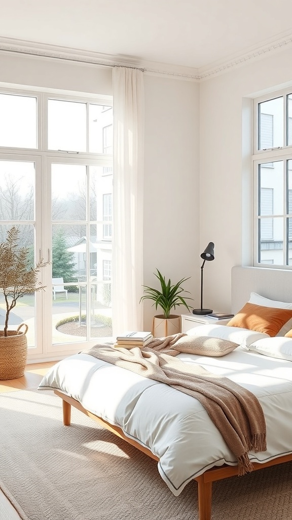 A minimalist bedroom with large windows allowing natural light, featuring a bed with neutral bedding, a cozy throw, and plants.