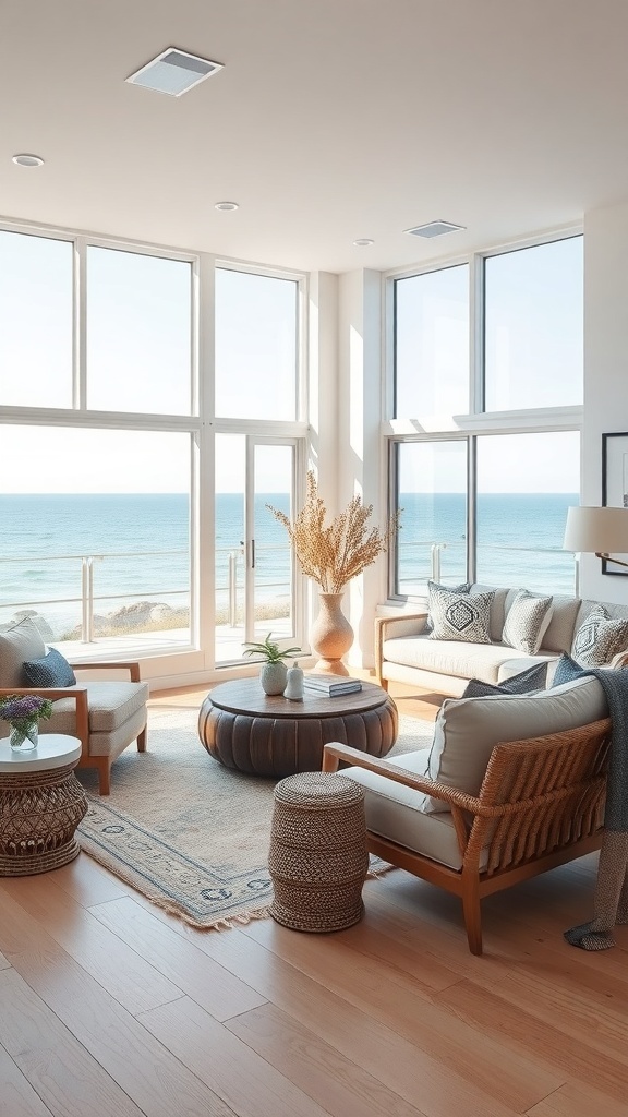 Cozy coastal living room with large windows and ocean views