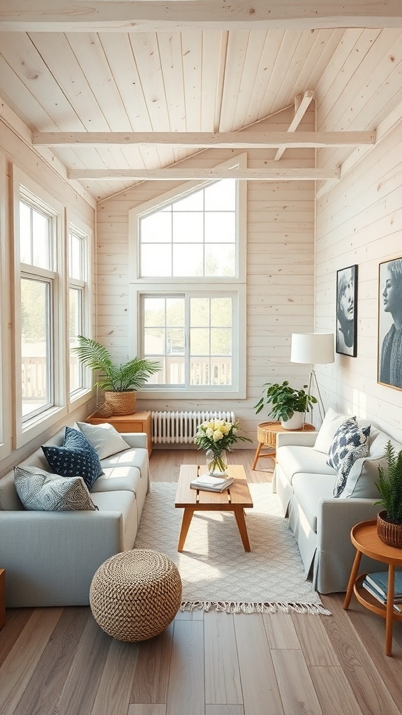 Interior of a tiny cabin with large windows, open layout, and cozy furnishings.