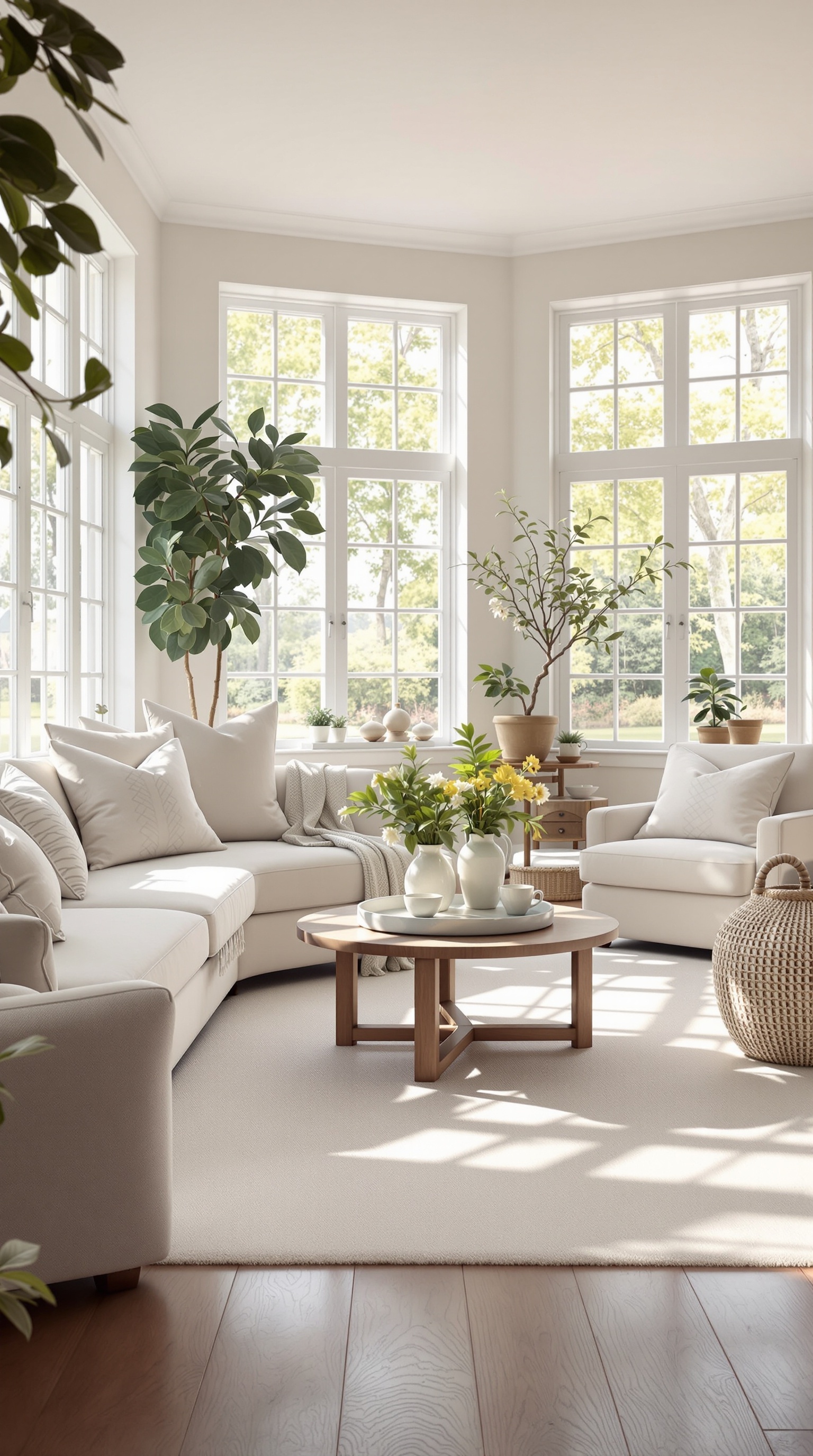 A bright and airy family room with large windows, soft furniture, and plants.