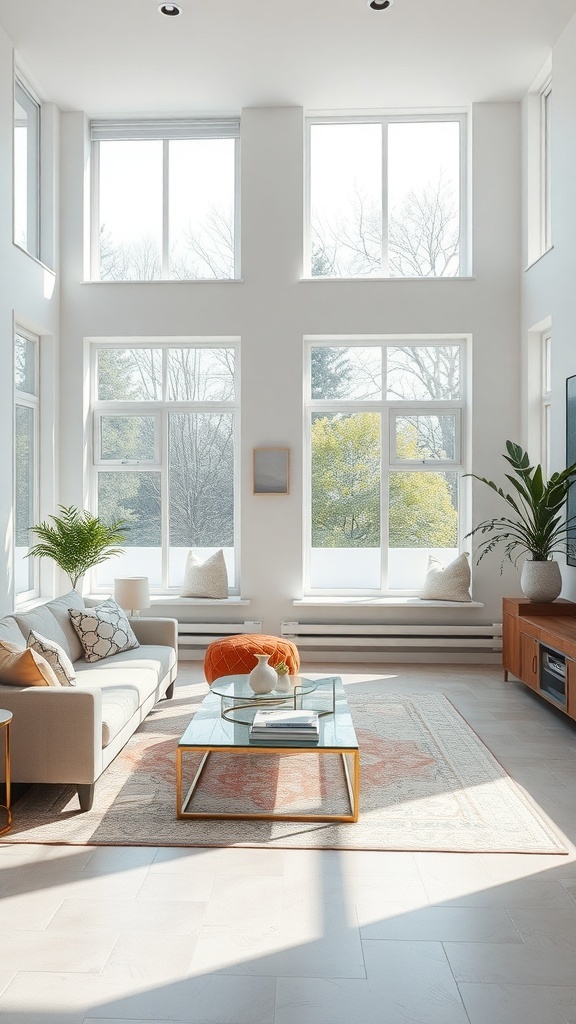 A cozy contemporary living room with large windows, natural light, and a spacious layout.