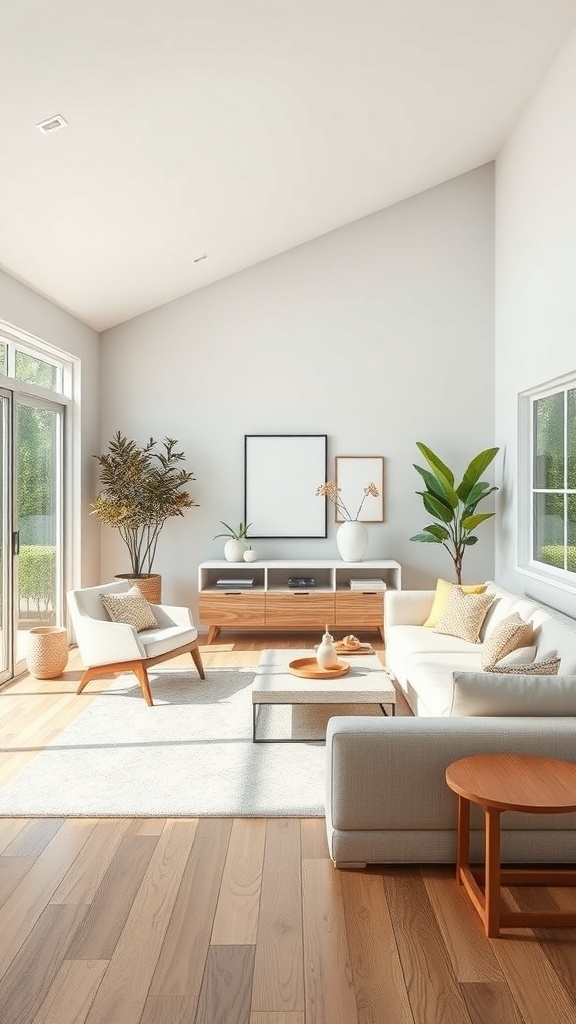 A mid-century modern living room filled with natural light, featuring large windows, light wood floors, and stylish furniture.