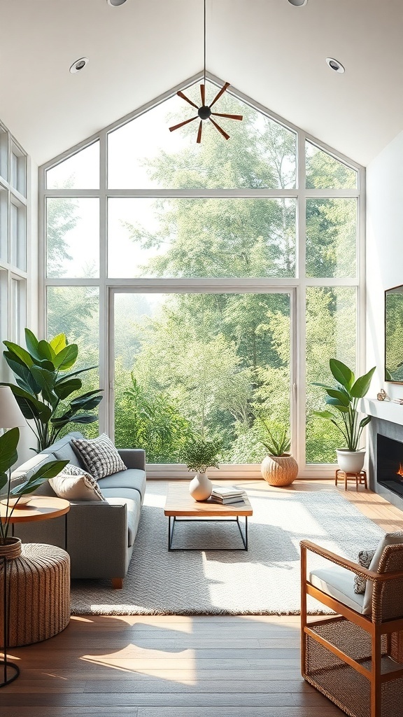 A modern rustic living room with large windows, plants, and a cozy atmosphere.