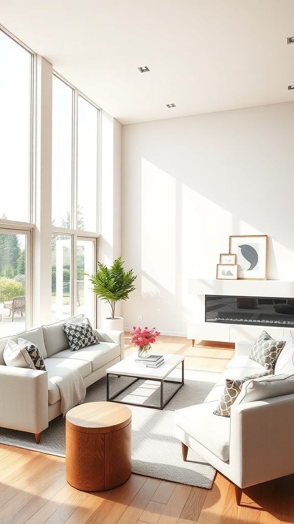 Bright and airy rustic farmhouse living room with large windows, light wood flooring, and cozy seating.