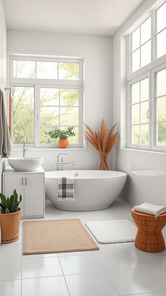 A bright and airy bathroom with large windows, a freestanding tub, and plants.