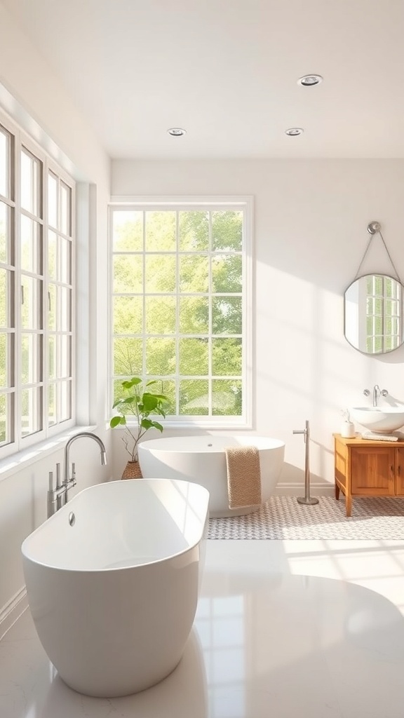 A bright rustic bathroom with large windows, a freestanding tub, and a wooden vanity.