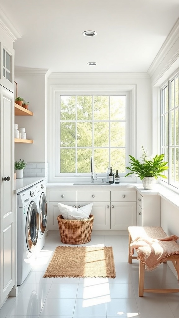 Bright and airy laundry room with large window, natural light, and greenery outside.