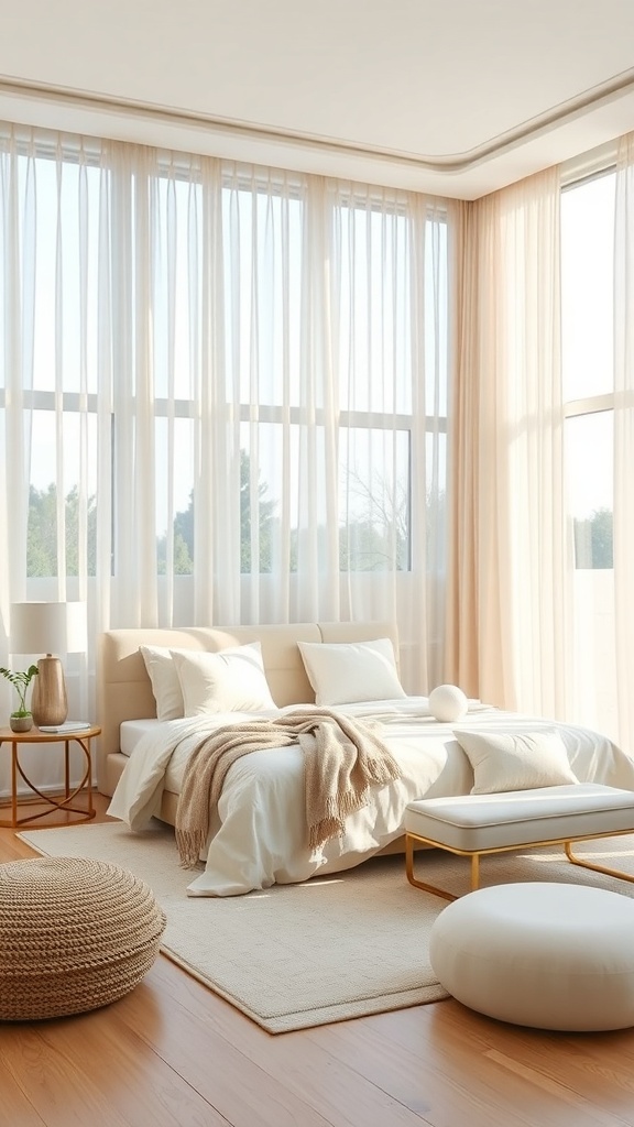 A bright and airy neutral bedroom with large windows covered by sheer curtains, allowing natural light to fill the space.