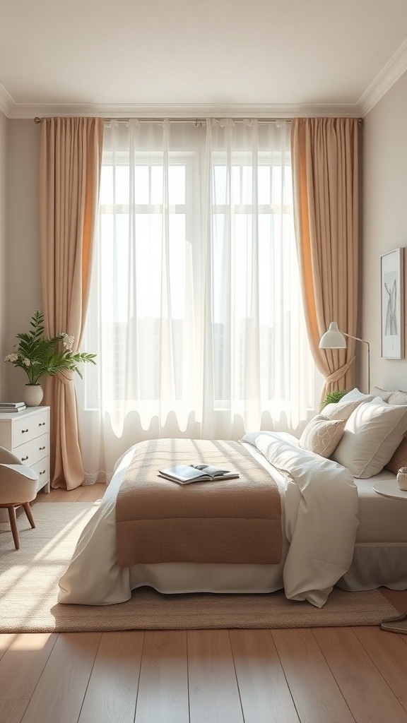 A bright and airy bedroom with large windows, soft curtains, and a cozy bed.