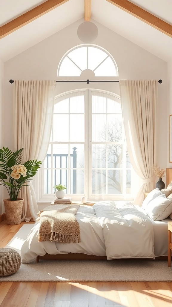 A cozy bedroom with large windows, soft curtains, and natural light.