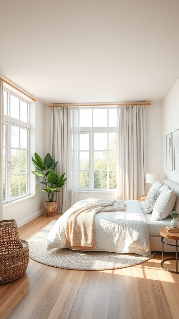 A bright and airy modern farmhouse bedroom with large windows, soft curtains, and natural decor.