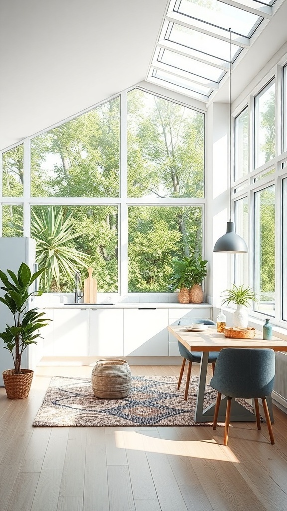 A bright modern kitchen with large windows and a skylight, featuring plants and a wooden dining table.