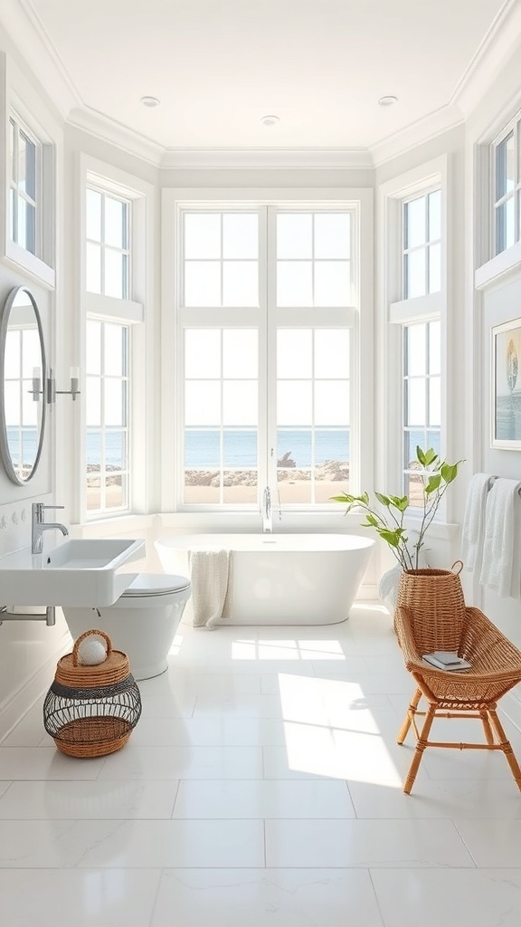 Bright coastal bathroom with large windows, freestanding tub, and ocean view.