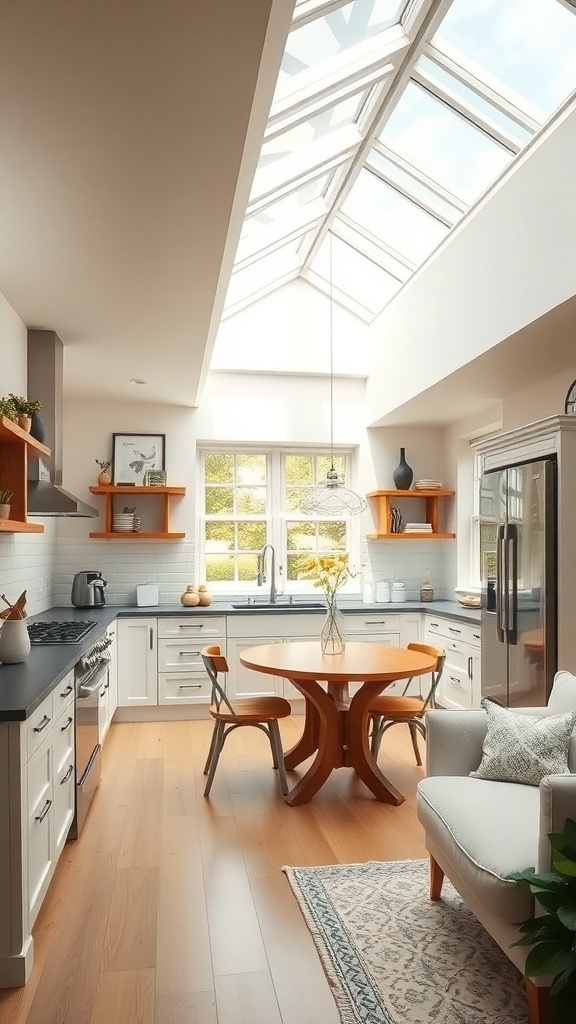 A modern kitchen featuring a large skylight, bright countertops, and warm wood accents.