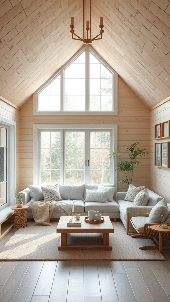 Cozy cabin interior with large windows allowing natural light, featuring a light-colored sofa and wooden accents.