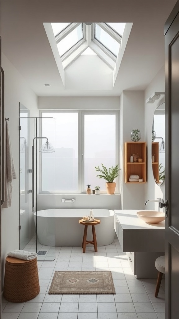 A bright and airy tiny bathroom with large windows and a skylight, featuring plants and light-colored decor.