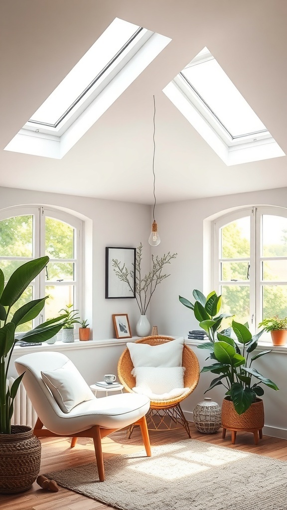 A cozy reading nook with skylights, plants, and comfortable seating.