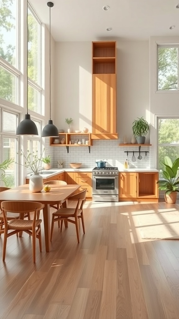 A modern kitchen with large windows allowing natural light, featuring wooden cabinets and a dining table.